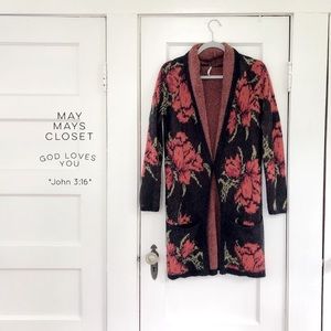 RARE HTF Free People Flower Power Floral Cardigan Coatigan Sweater Floral Black